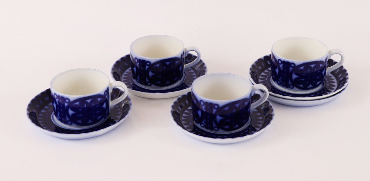 Tekoppar med fat 4st, "Blå husar", Stig Lindberg för Gustavsberg