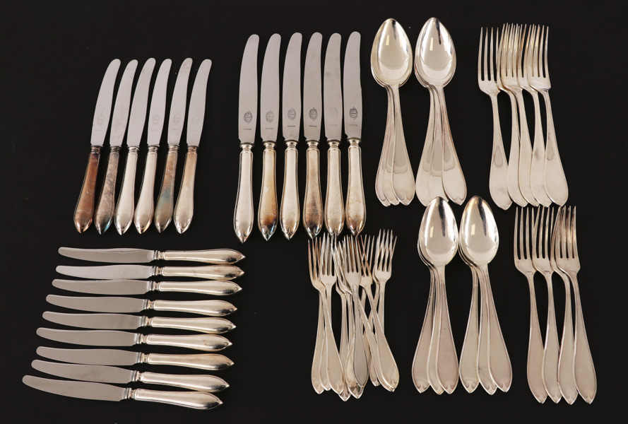 Bestickservisdelar 55st, silver, "Svensk Spets", MGAB