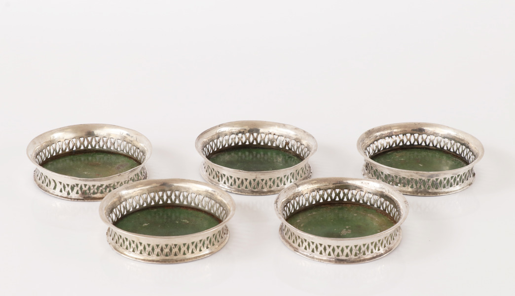 Coasters 5st, troligen silver, 1800-tal