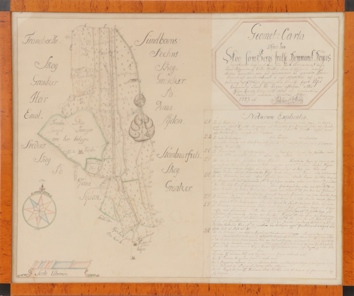 Handmålad karta, kring Sundborn och Sveden, daterad av Melchior Ekström 1723