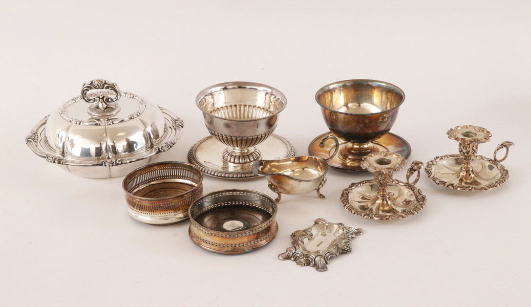 Nysilver 9 delar, bl.a. 1800-tal