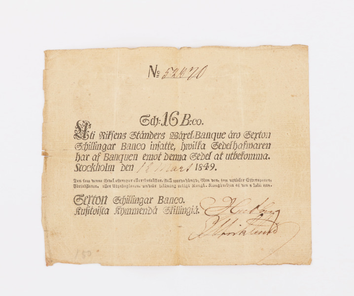 Sedel, 16 schilling banco, 1849