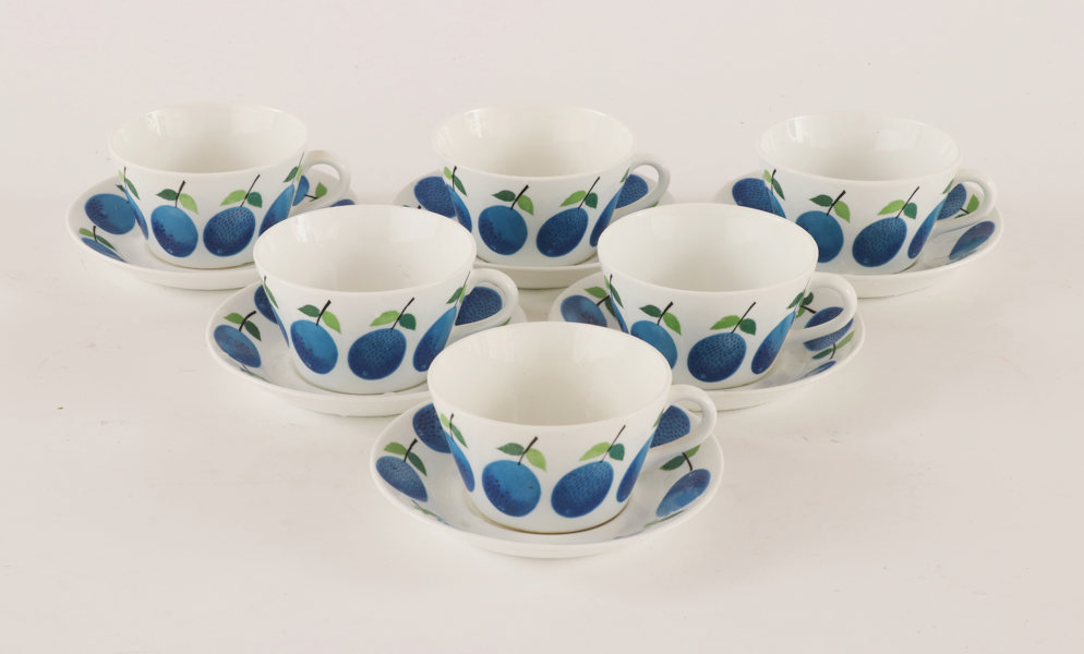 Tekoppar med fat 6st, "Prunus", Stig Lindberg för Gustavsberg