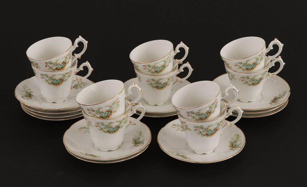 Kaffekoppar med fat 10st, Rörstrand, tidigt 1900-tal