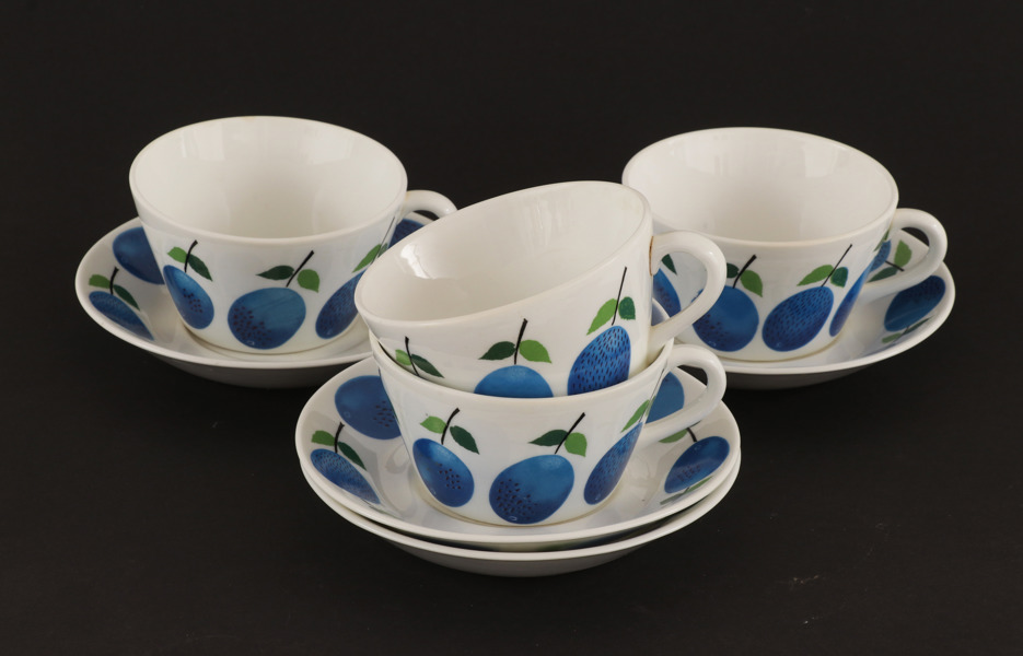 Tekoppar med fat 4st, "Prunus", Stig Lindberg för Gustavsberg