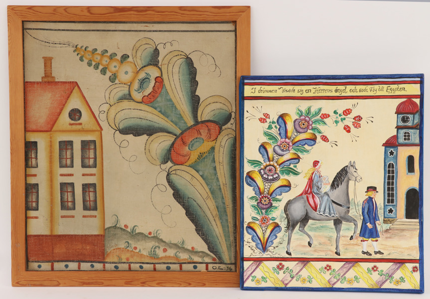 Kopior efter allmogemålningar 2st, bl.a. daterad 1936