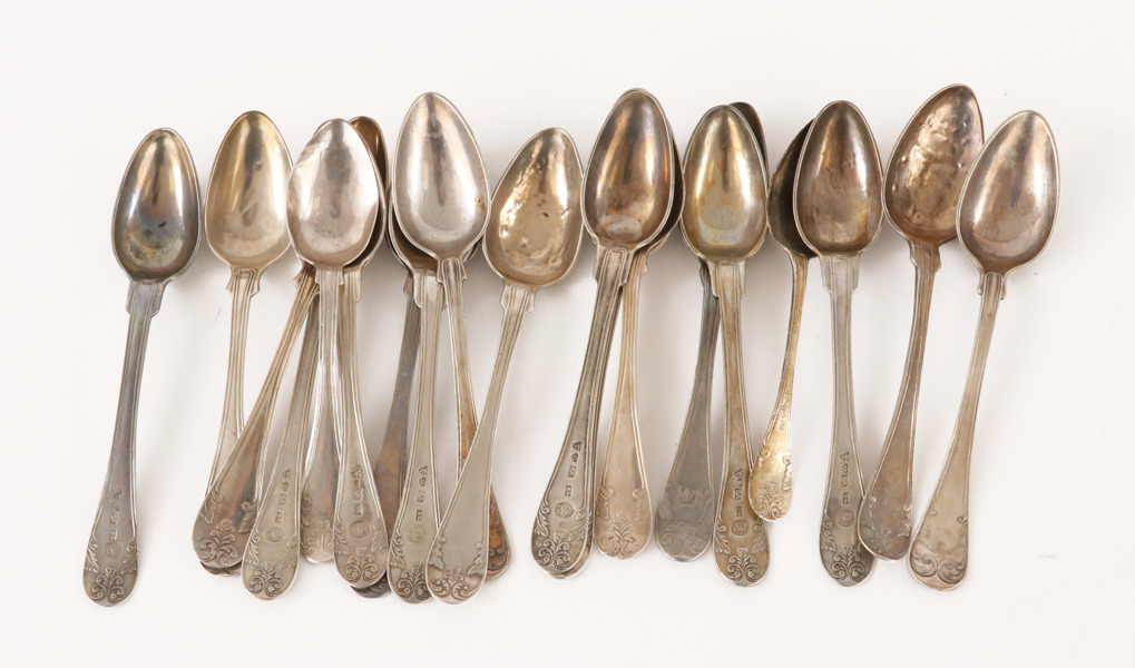 Te-/kaffeskedar 19 delar, silver, 1800-tal