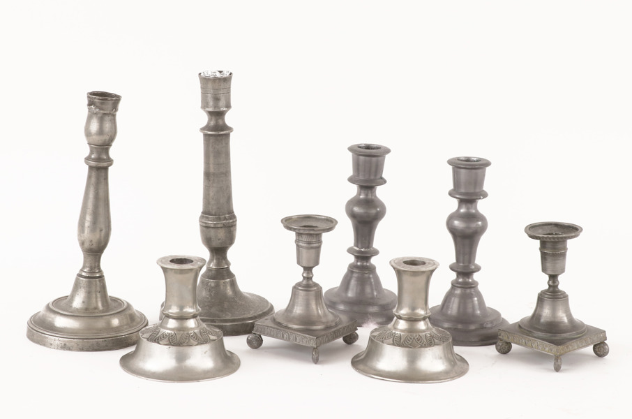 Ljusstakar 8st, tenn, bl.a. 1800-tal