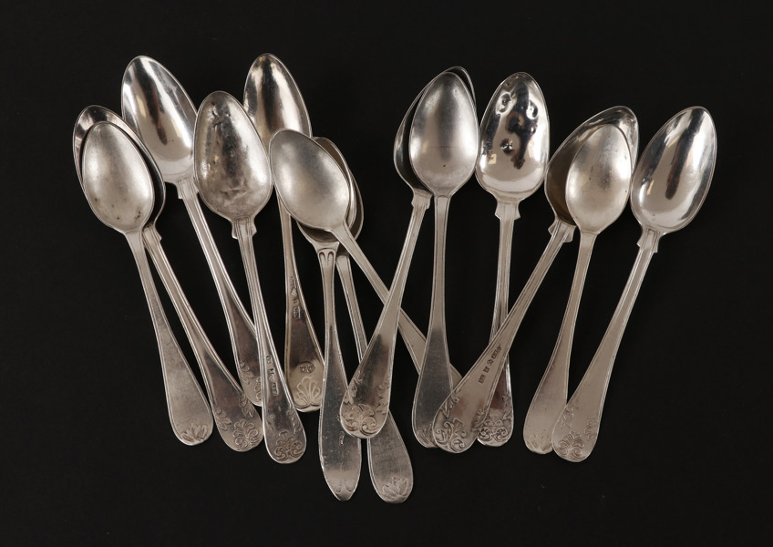 Te-/kaffeskedar 14st, silver, 1800-tal