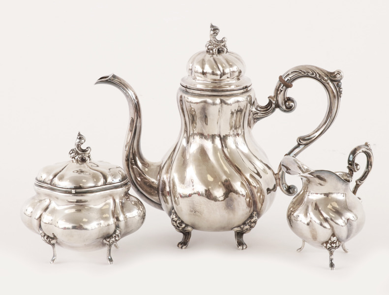 Kaffeservis 3 delar, silver, rokokostil, 1900-tal