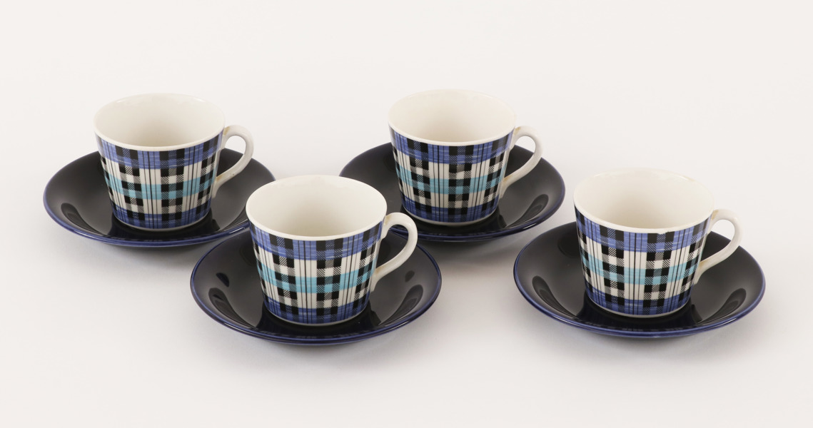 Kaffekoppar med fat 4st, "Blå Skotte", Helmer Ringström för Gefle