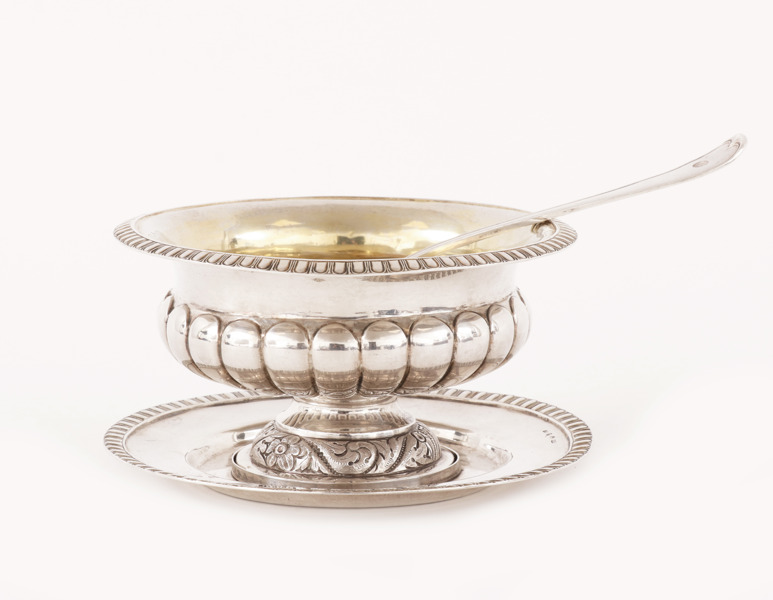 Såsskål med underfat, silver, 1874