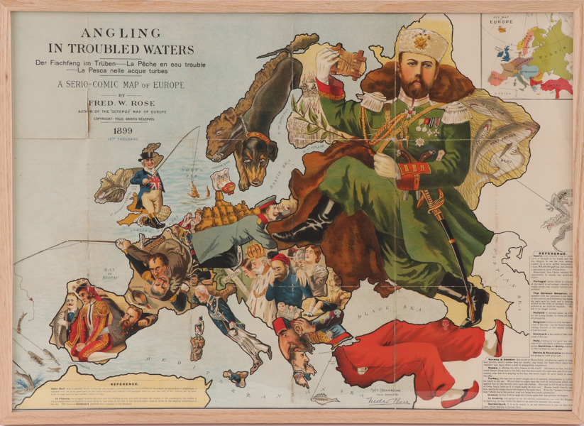 Satirisk karta, "Angling in troubled waters", Frederic W. Rose, 1899
