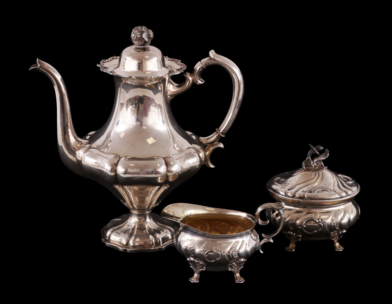 Kaffeservis 3 delar, silver, rokokostil, 1900-tal