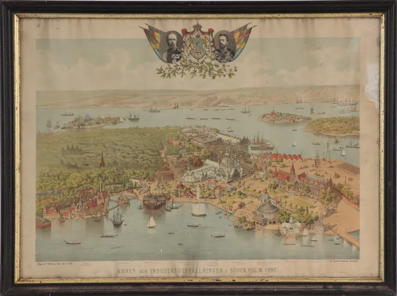Litografiskt blad, "Konst och industriutställningen i Stockholm 1897"