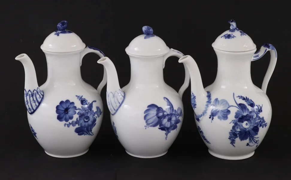 Kaffekannor 3st, "Blå blomster", Royal Copenhagen, Danmark