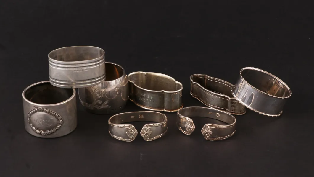 Servettringar 8st, silver, bl.a. tidigt 1900-tal