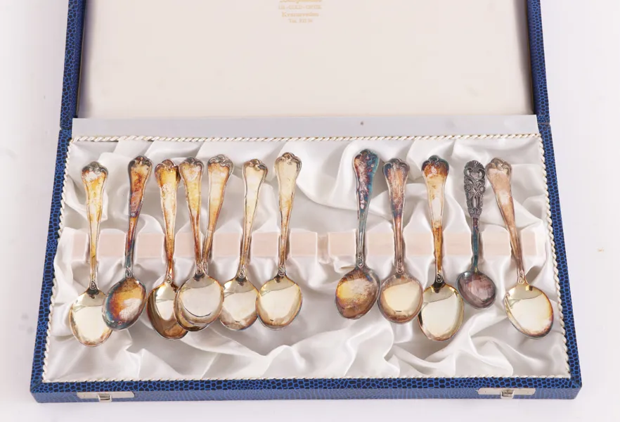 Kaffeskedar 11+1, silver, bl.a. "Sachsisk"