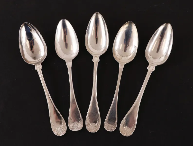 Matskedar 5st, silver, 1800-tal