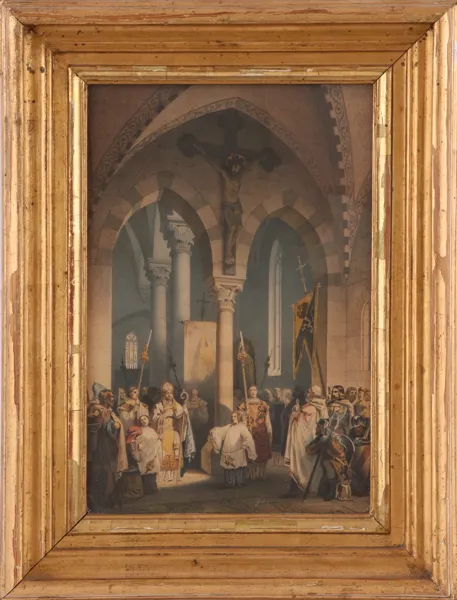 Litografiskt blad, "Interiör af Fole kyrka på Gottland", 1800-tal