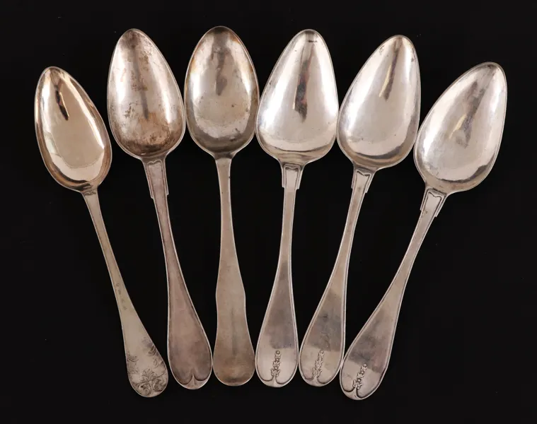 Matskedar 6st, silver, 1800-tal