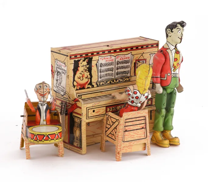Fjäderdriven leksak, "The dogpatch band", Unique Art Manufacturing Co Inc, USA, omkring 1900-talets mitt