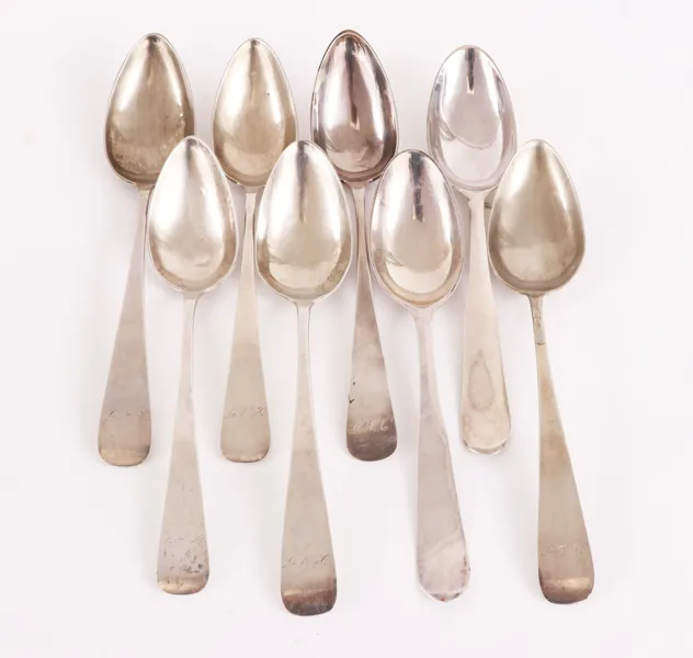 Matskedar 8st, silver, bl.a. Danmark